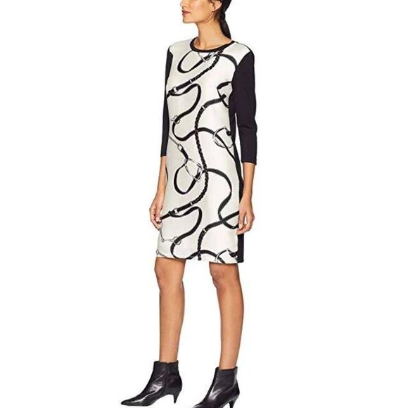 RALPH LAUREN Sz MEDIUM Equestrian Knee Length Shirt dress 3/4 Sleeve Ivory Black - Picture 2 of 14